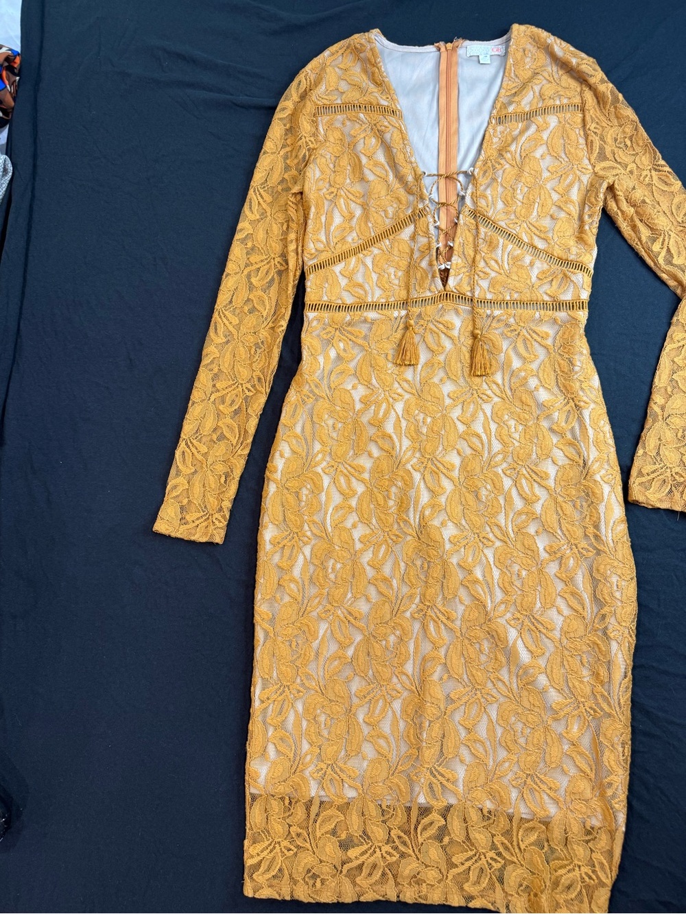 GB Mustard Yellow Floral Lace Midi Dress – Long Sleeve Lace-Up Sheath Dress